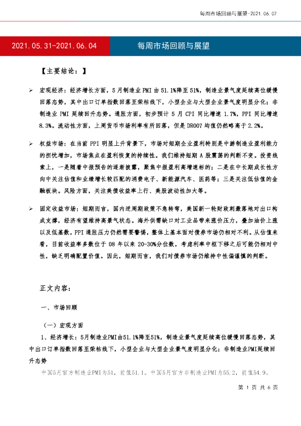 每周市场回顾与展望