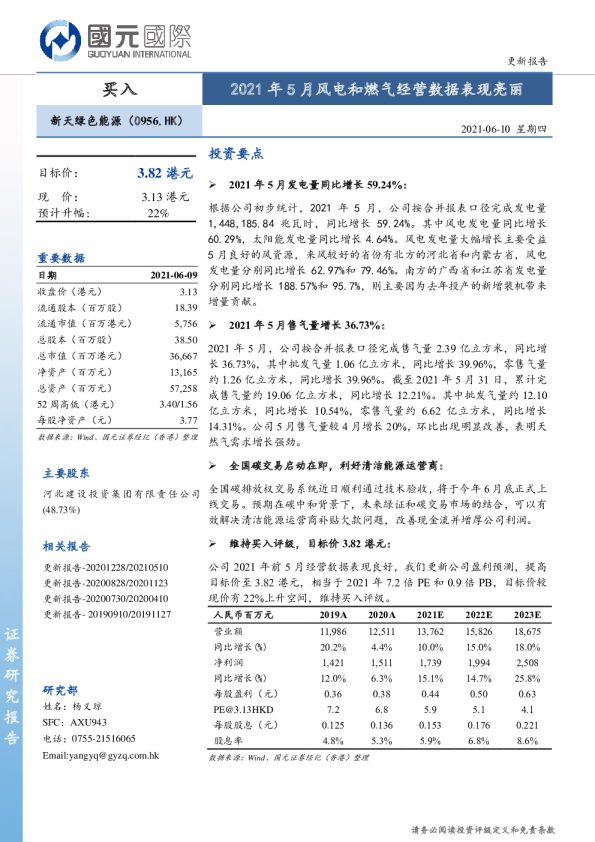 2021年5月风电和燃气经营数据表现亮丽