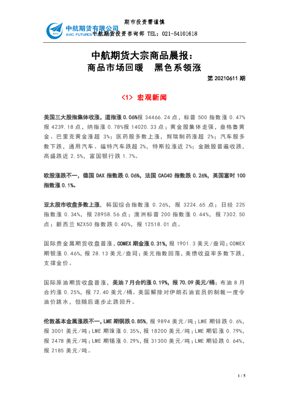 大宗商品晨报：商品市场回暖 黑色系领涨