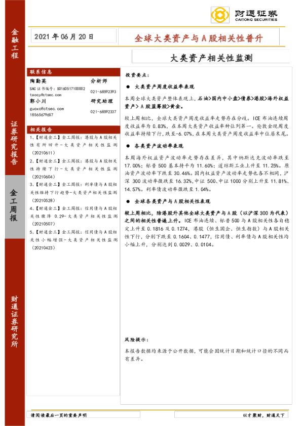 大类资产相关性监测：全球大类资产与A股相关性普升