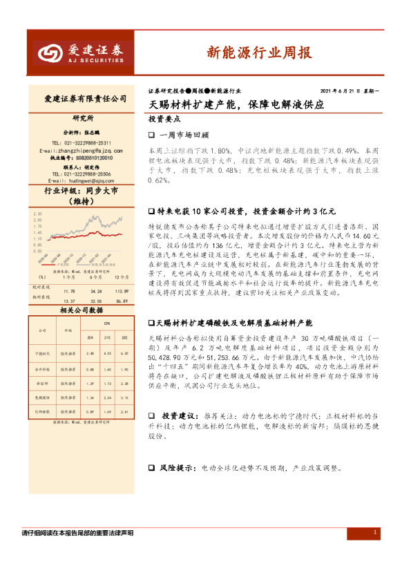 新能源行业周报：天赐材料扩建产能，保障电解液供应