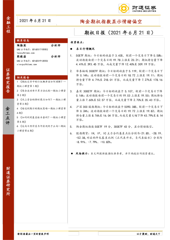期权日报：陶金期权指数显示情绪偏空