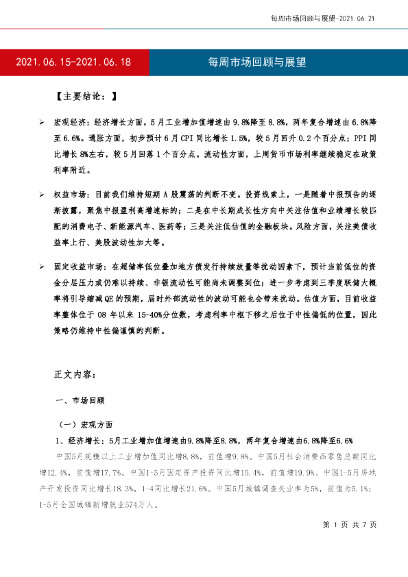每周市场回顾与展望
