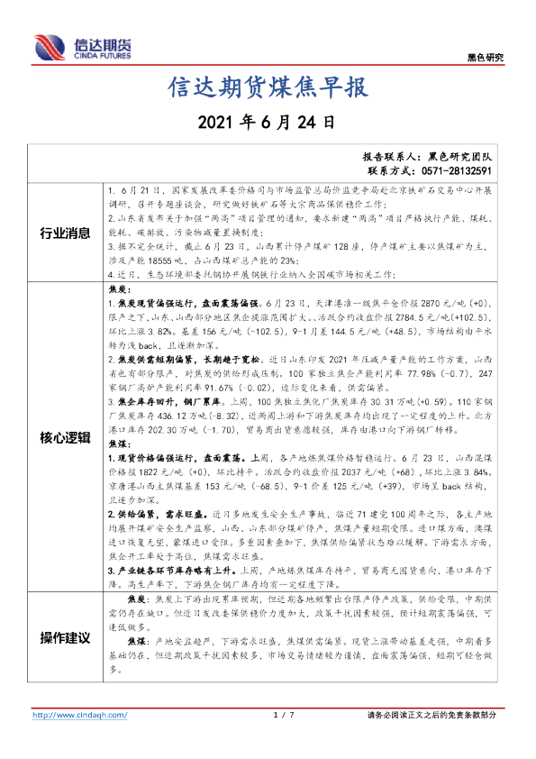 煤焦早报