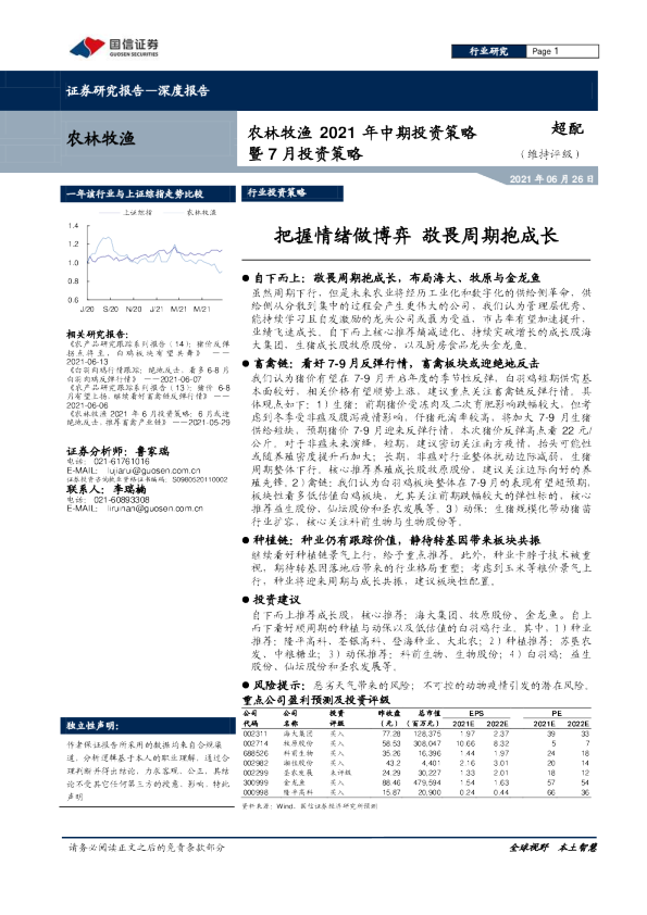 农林牧渔2021年中期投资策略暨7月投资策略：把握情绪做博弈 敬畏周期抱成长