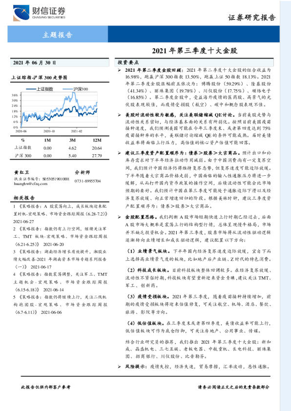 2021年第三季度十大金股