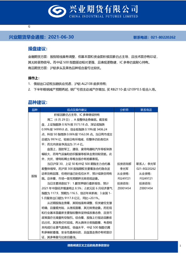 兴业期货早会通报