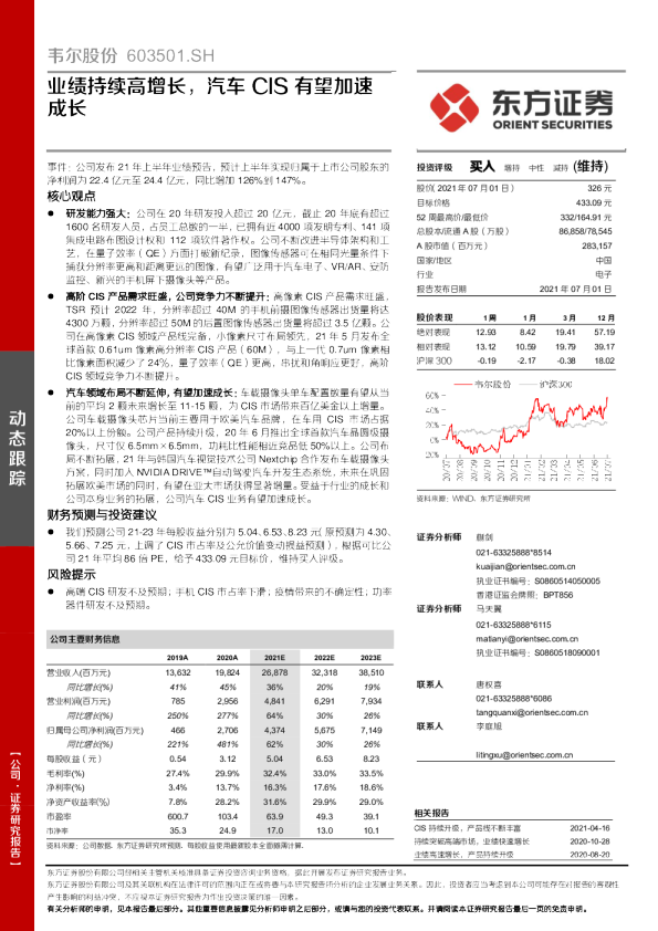 业绩持续高增长，汽车CIS有望加速成长