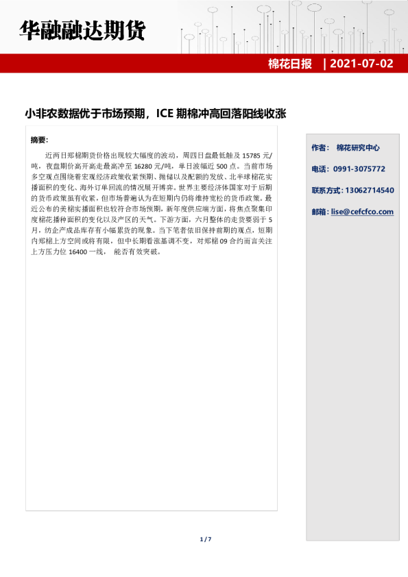 小非农数据优于市场预期，ICE期棉冲高回落阳线收涨