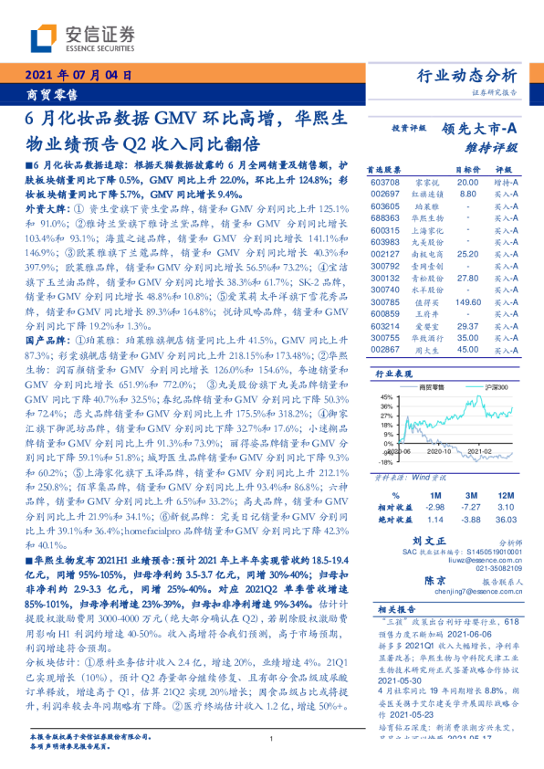 商贸零售：6月化妆品数据GMV环比高增，华熙生物业绩预告Q2收入同比翻倍