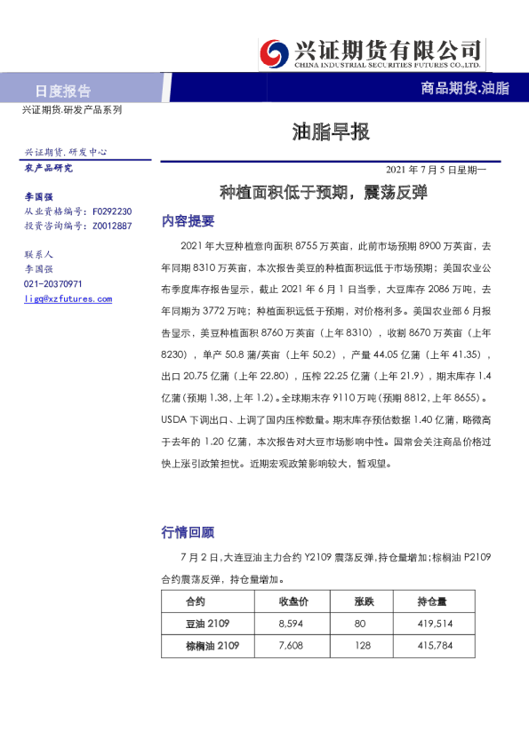 种植面积低于预期，震荡反弹