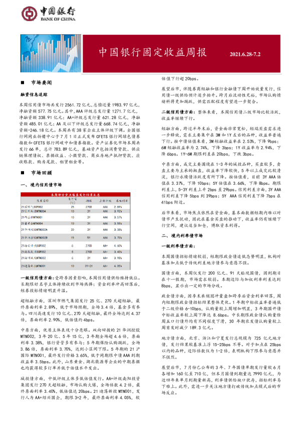 固定收益周报2021年7月5日