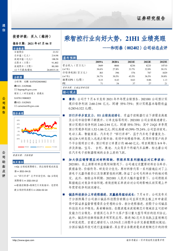 乘智控行业向好大势，21H1业绩亮眼