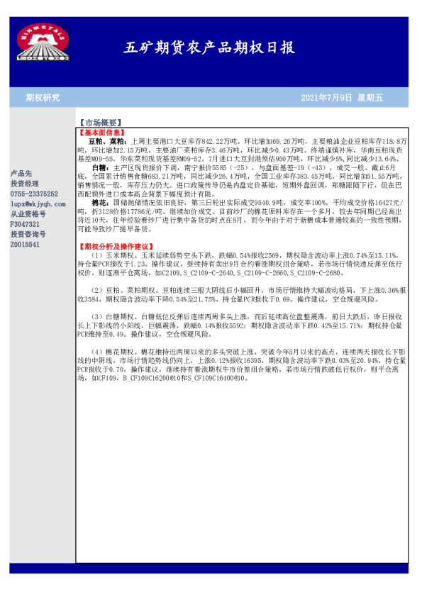 农产品期权日报