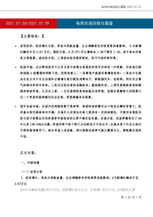 每周市场回顾与展望