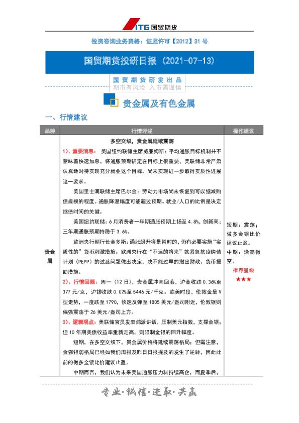投研日报：贵金属及有色金属