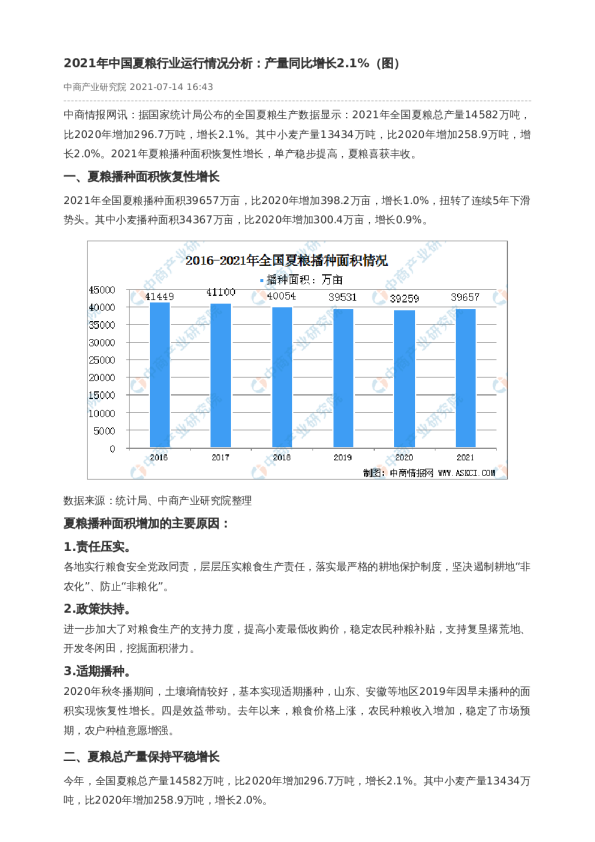 2021年中国夏粮行业运行情况分析：产量同比增长2.1%（图）
