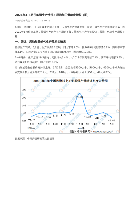 2021年1-6月份能源生产情况：原油加工量稳定增长（图）