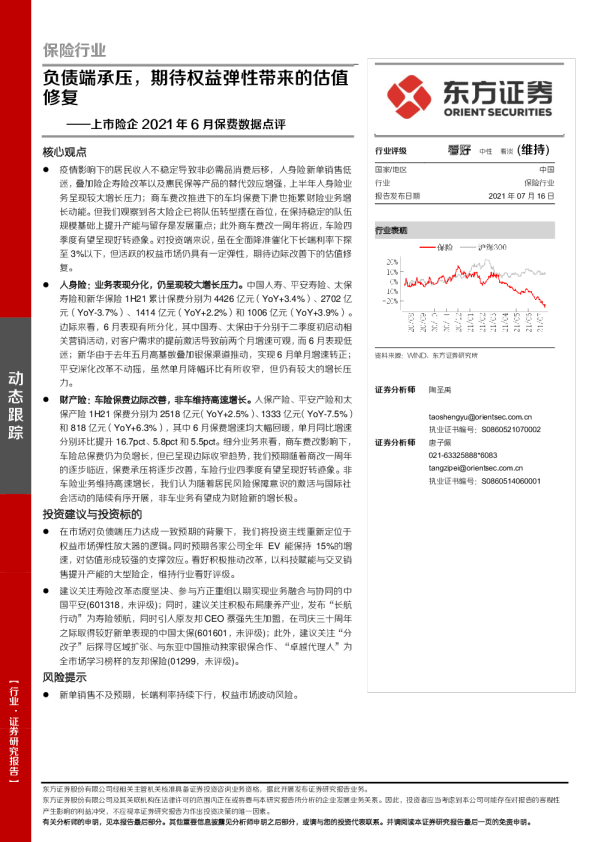 保险行业上市险企2021年6月保费数据点评：负债端承压，期待权益弹性带来的估值修复
