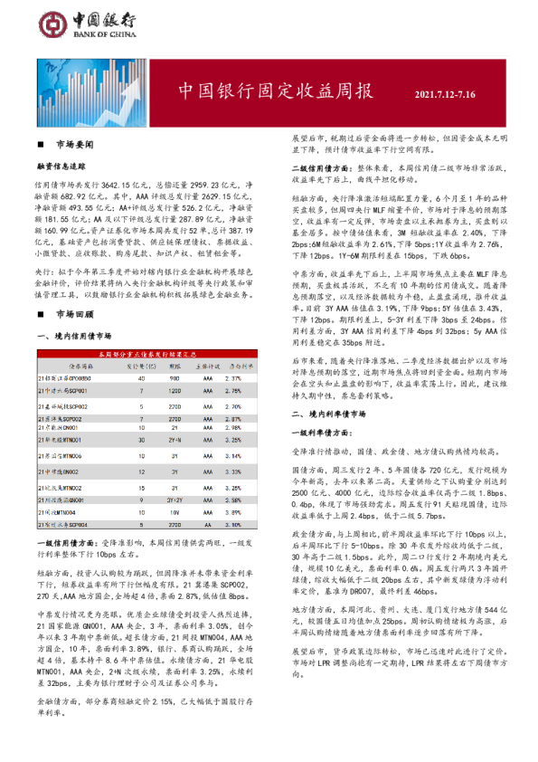 固定收益周报2021年7月19日