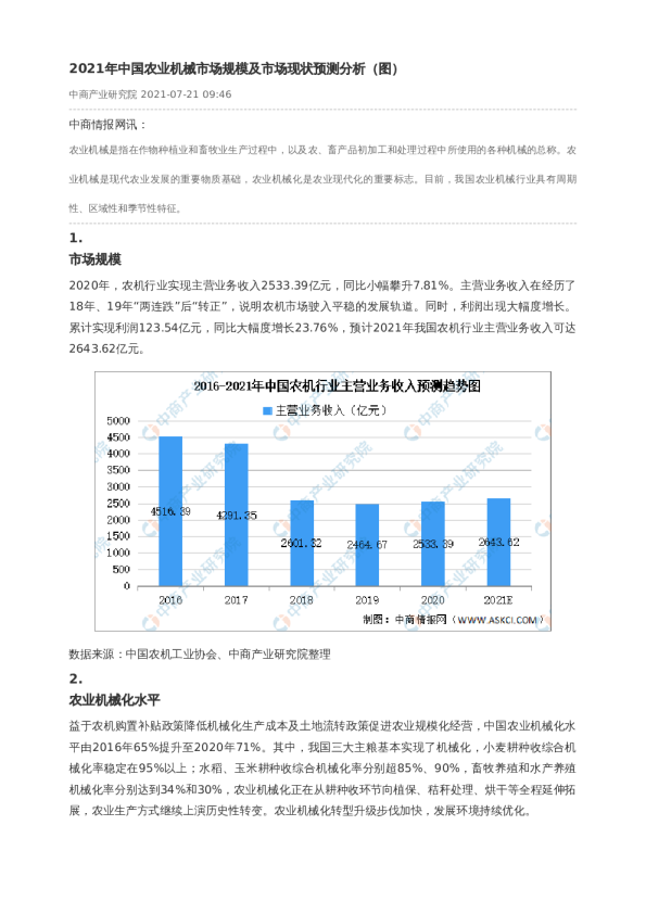 2021年中国农业机械市场规模及市场现状预测分析（图）
