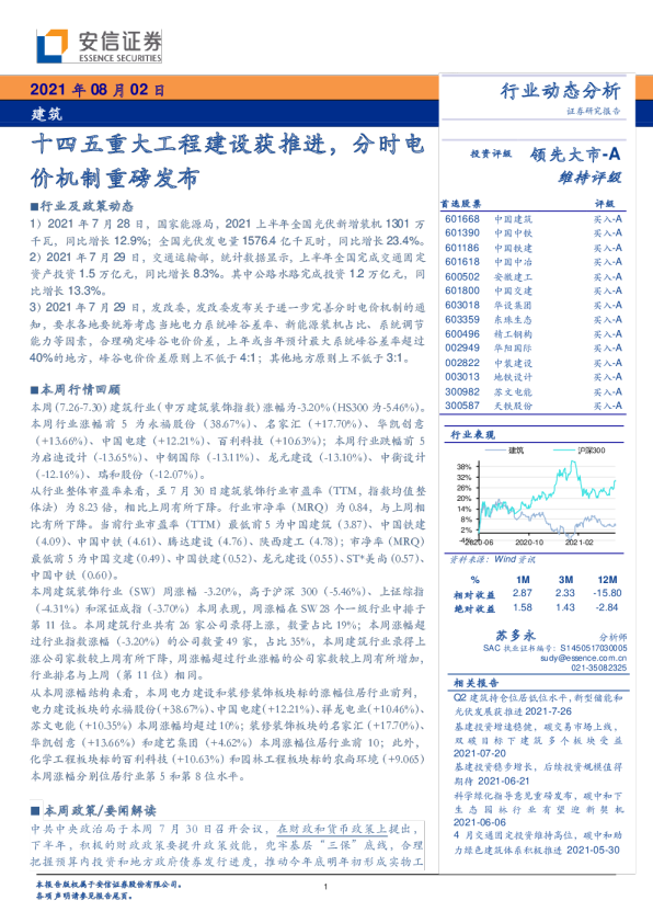 建筑行业动态分析：十四五重大工程建设获推进，分时电价机制重磅发布