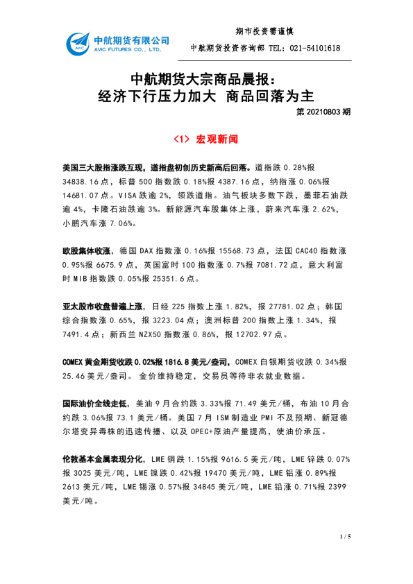 中航期货大宗商品晨报：经济下行压力加大，商品回落为主