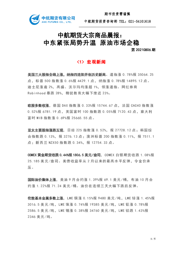 大宗商品晨报：中东紧张局势升温原油市场企稳