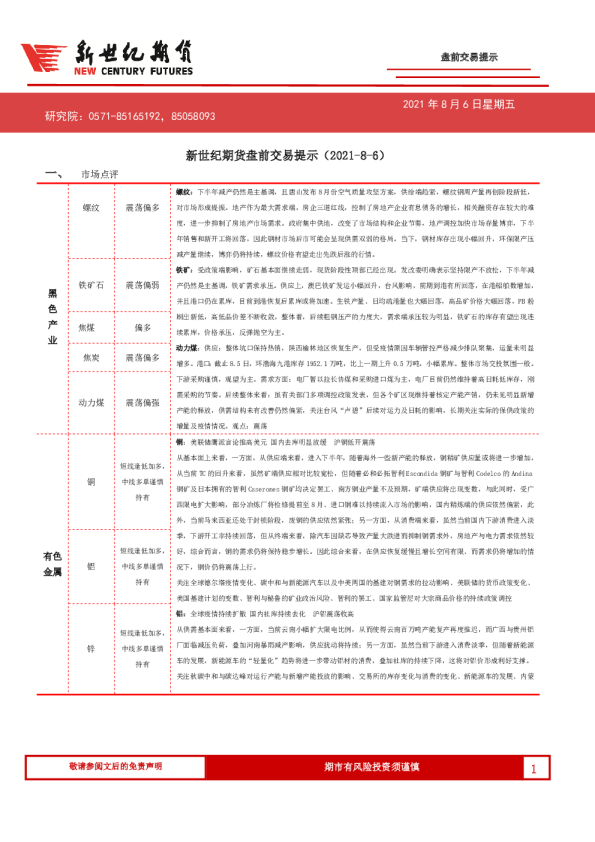 新世纪期货盘前交易提示