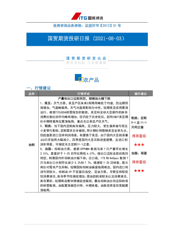 国贸期货投研日报：农产品
