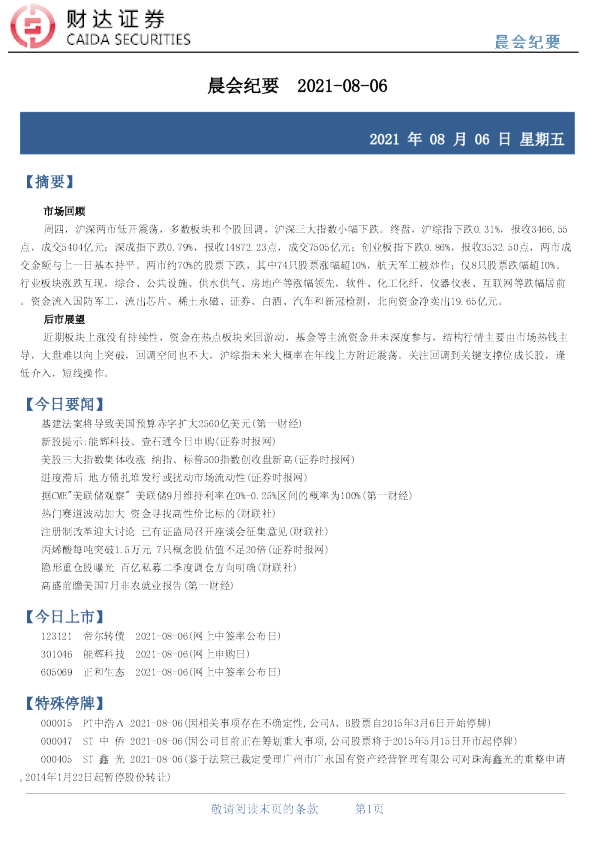 晨会纪要  2021-08-06