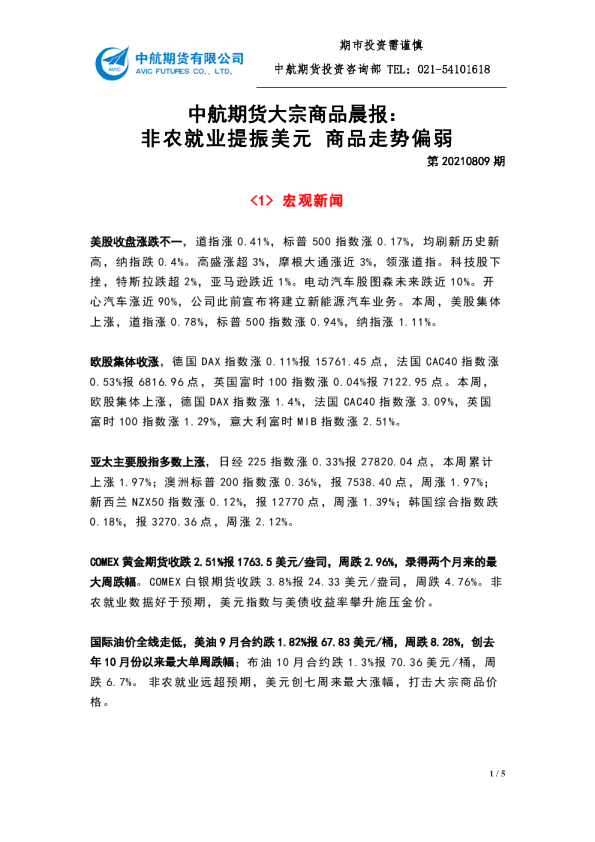 大宗商品晨报：非农就业提振美元 商品走势偏弱