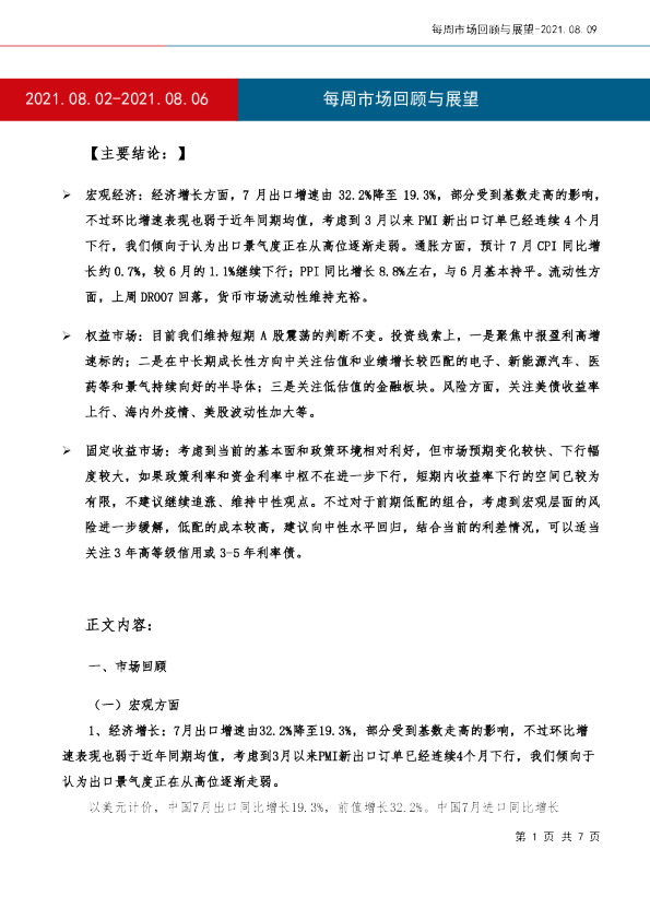 每周市场回顾与展望