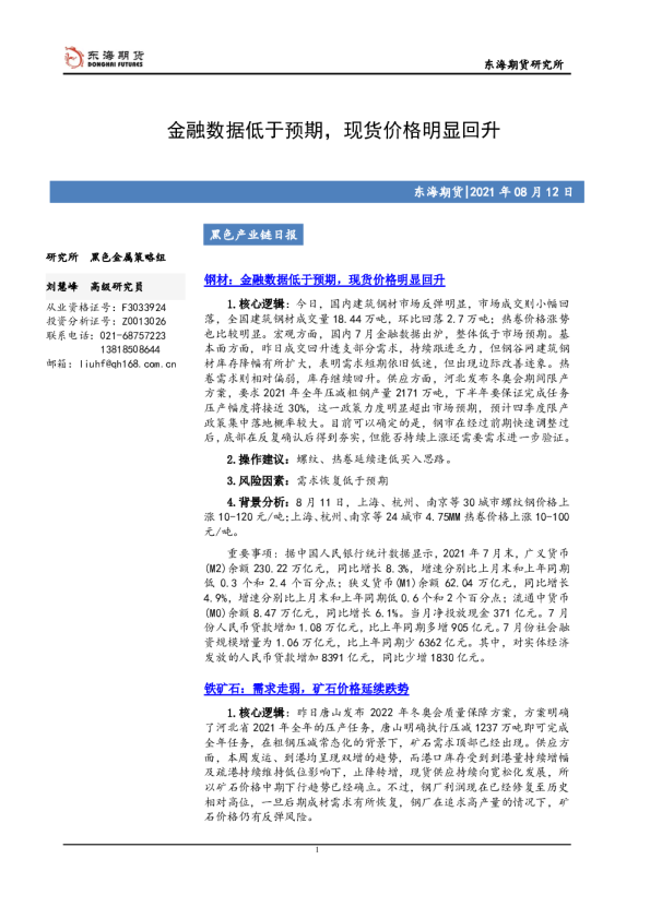 金融数据低于预期，现货价格明显回升