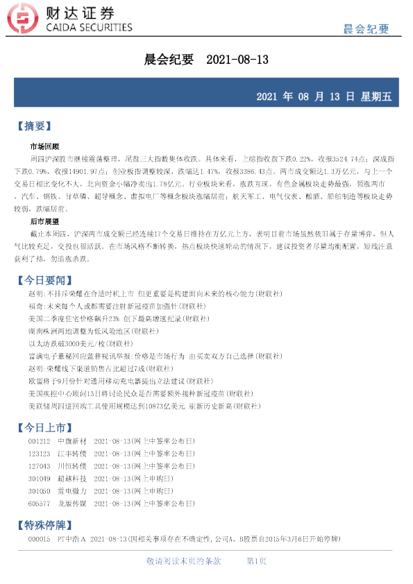 晨会纪要 2021-08-13