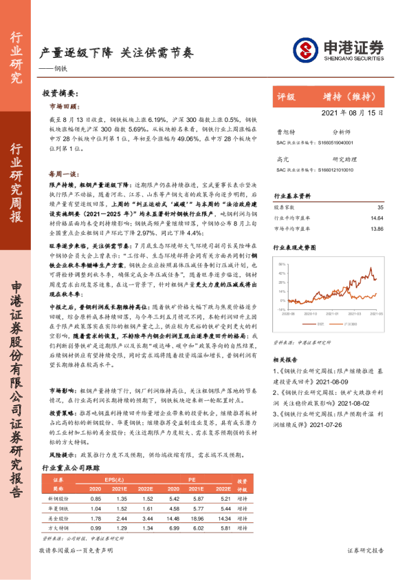 钢铁行业：产量逐级下降，关注供需节奏