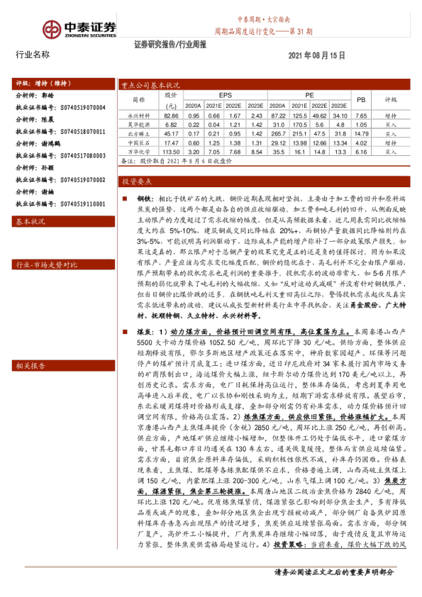 周期品周度运行变化