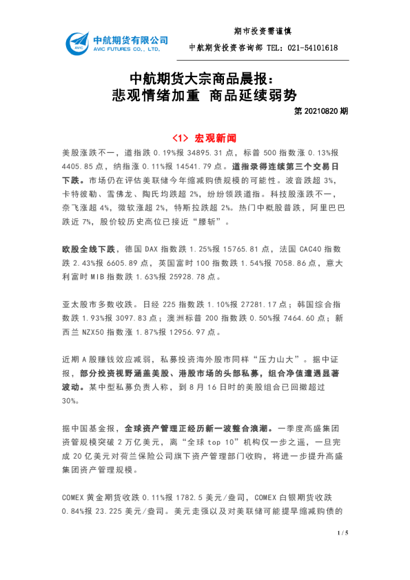 大宗商品晨报：悲观情绪加重 商品延续弱势