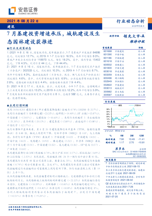 7月基建投资增速承压，城轨建设及生态园林建设获推进