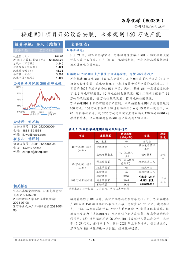 福建MDI项目开始设备安装，未来规划160万吨产能