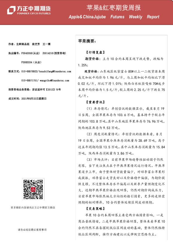 苹果&红枣期货周报