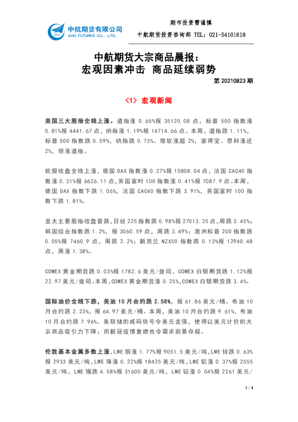 大宗商品晨报：宏观因素冲击 商品延续弱势