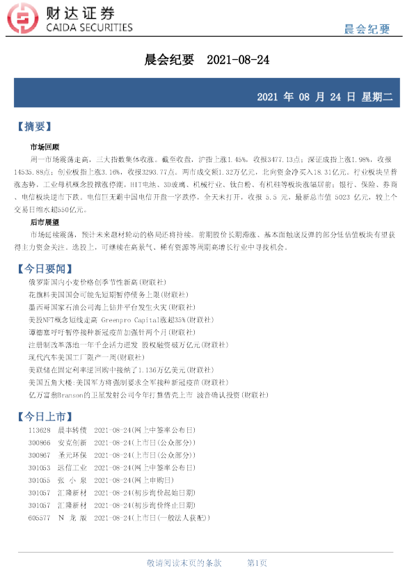 晨会纪要 2021-08-24