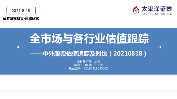 中外股票估值追踪及对比：全市场与各行业估值跟踪