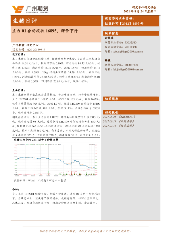 主力01合约报收16895，猪价下行