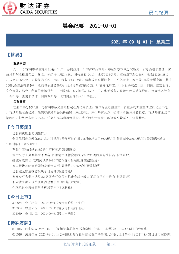 晨会纪要 2021-09-01