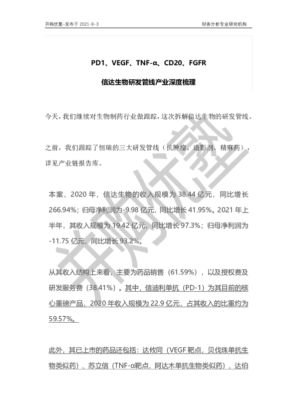 PD1、VEGF、TNF-α、CD20、FGFR信达生物研发管线产业深度梳理