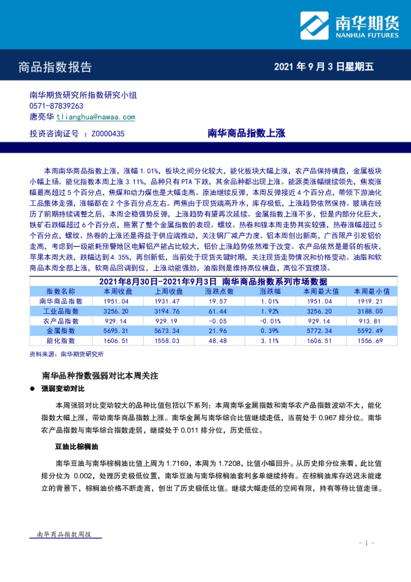 商品指数报告：南华商品指数上涨