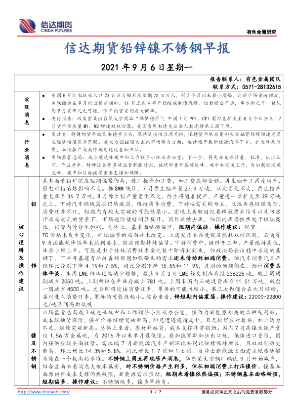信达期货铅锌镍不锈钢早报