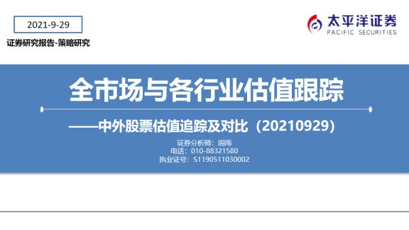 中外股票估值追踪及对比：全市场与各行业估值跟踪